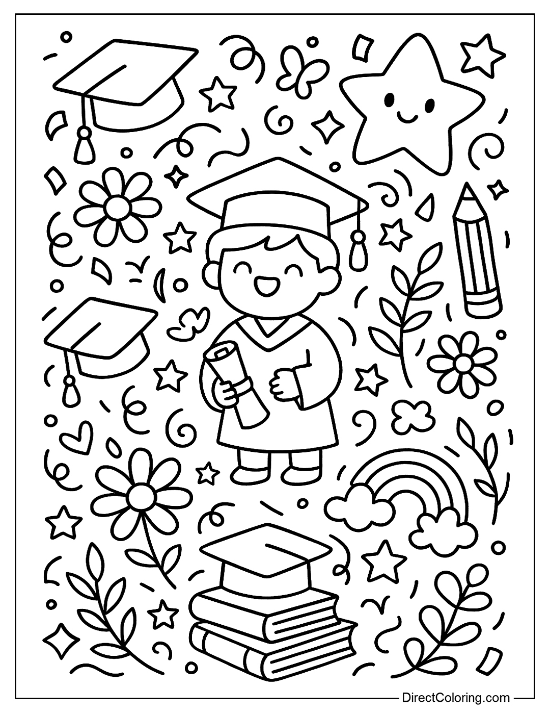 a doodle coloring page with graduation symbols: cap, pen, star, flower, chibi student